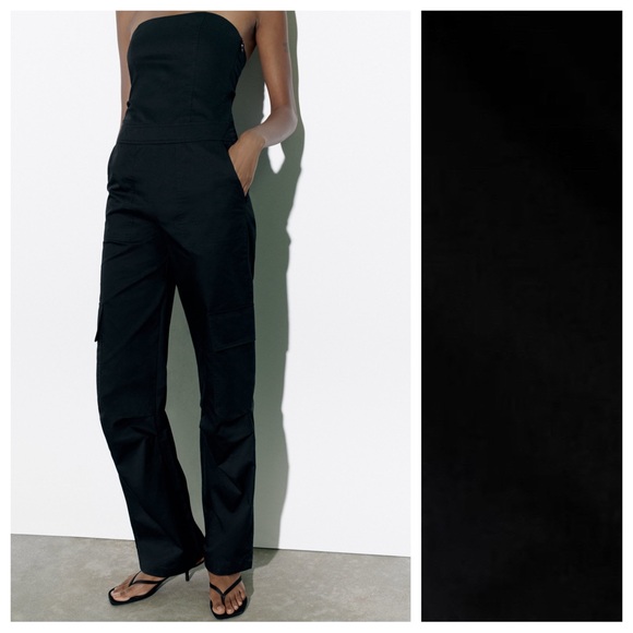 NWT . Zara Black Cotton Cargo Strapless Long Jumpsuit. Size S. - Picture 2 of 9